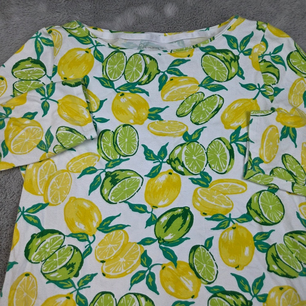 Talbots Tee Shirt Womens M 3/4 Sleeve Boat Neck Citrus Lemon Lime Print White